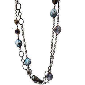Handcrafted Mixed Bead Necklace Layered Metal Chains Statement Fashion Jewelry